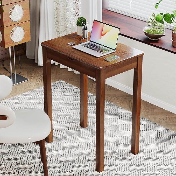 Wood Desk with Drawers - Solid Wood Mid Century Modern Desks for Bedroom Small Computer Desk for Laptop Study Makeup 23.6 W x 29.5 H x 15.7 D in Walnut Color