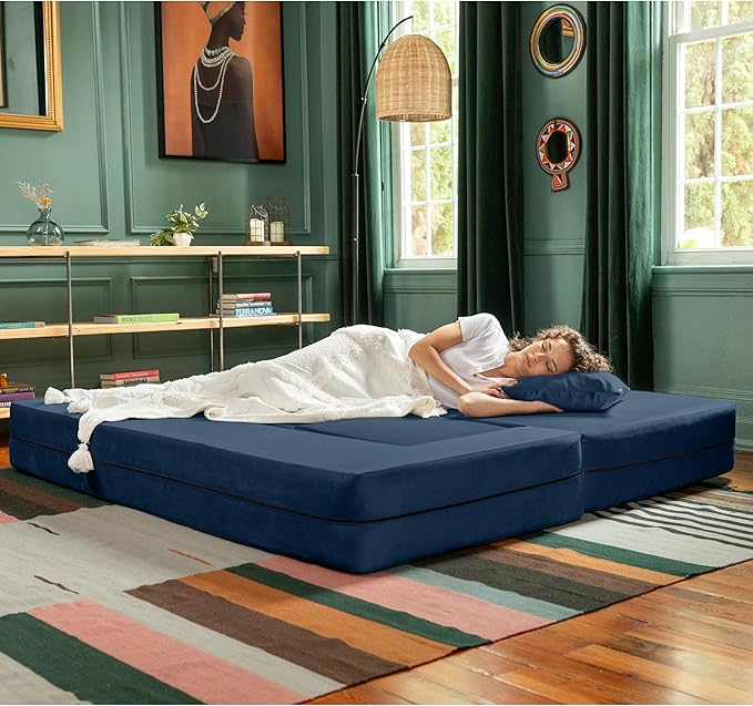 Jaxx Zipline Convertible Sleeper Sofa &amp Three Ottomans/California King-Size Bed Textured Microvelvet - Indigo