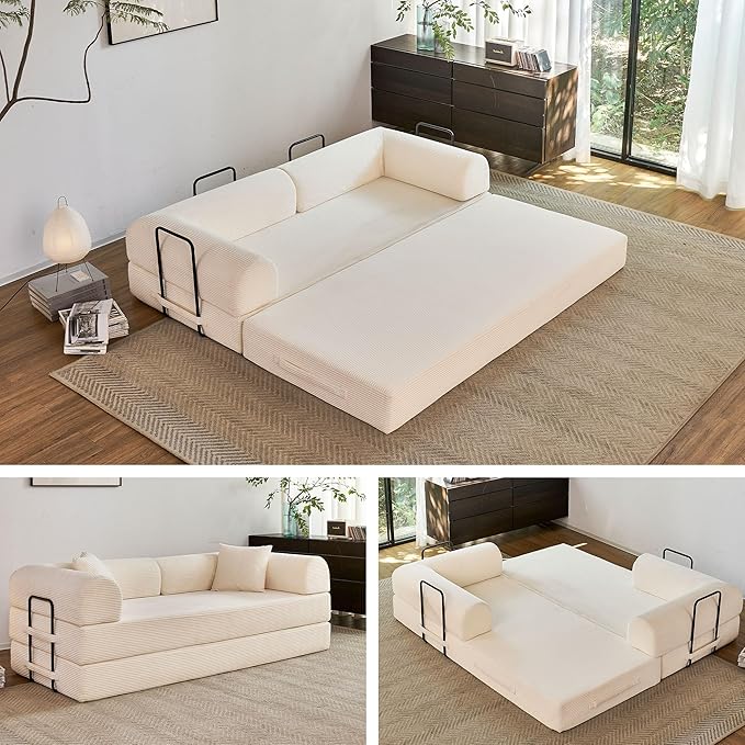 79 5-in-1 Folding Convertible Sofa Bed Oversized Corduroy Futon Floor Couch with Pull-Out Sleeper Modular Boneless Loveseat for Small Spaces Living Room Bedroom (White1)
