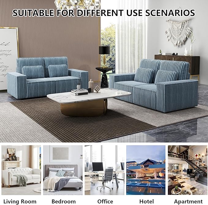 mikibama 2 Piece Sofa Couch Set for Living RoomModern Corduroy 2 Seater Loveseat Couches Set of 2 with Deep SeatModular Sectional 2PC Sofa Set for ApartmentDorm Room (Grey Blue 2PC Loveseat)