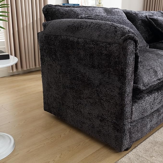 KEIKI 112 L-Shaped Chenille Modular Sectional Chenille Sofa with 1 Movable Ottoman &amp Memory Foam Cushion Upholstered Oversized 4-Seater Couch Easy Assembly for Apartment Living Room Black