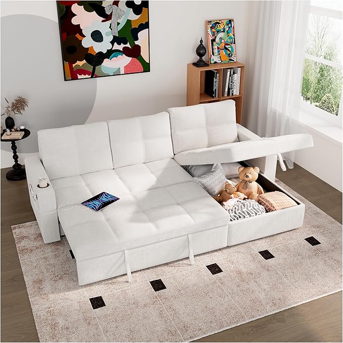 85 inch Sectional Sleeper Sofa Bed with StoragePull Out Couch with Reversible Storage ChaiseCup Holders USB ChargingSide PocketsComfortable Sectional Sofa Couches for Living RoomSmall Spaces | co