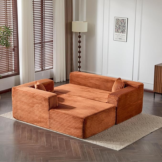 110 Modular Sectional Boneless Couchw ith Chaise LoungePlush Corduroy Upholstered Cloud CouchDeep Seat L-Shaped Floor SofaCompressed Packaging for Easy DeliveryNo Assembly NeededOrange