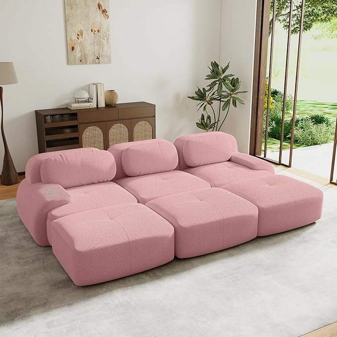 117.3” Modular Sectional Sofa Corduroy Boneless Sofa for Living Room Comfy 5 Seater Sleeper Cloud Couch Sectional with Deep Seat and 3 Ottoman &amp Button Tufted Cushions No Assembly