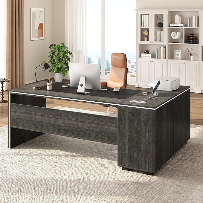 71 L-Shaped Executive Desk with Cabinet Storage Large Office Computer Desk with Storage Shelves Under-Desk Bookshelf CPU Stand Cable Management Business Furniture Workstation (Gray)