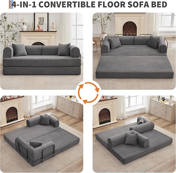 78'' Convertible Sleeper Sofa Bed4 in 1 Corduroy Boneless Couch with PillowsFolding Sectional Couch with Pull Out BedFloor Sofa Loveseat for Living RoomBedroomNo Assembly RequiredGray