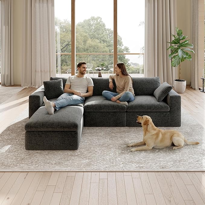 118'' 4 Seater Memory Foam Couch with Ottoman Modular Sectional Sofa for Living Room Boneless Couch Sectional with Memory Foam No Assembly Big Couch Set Dark Grey | Ergonomic Bolster