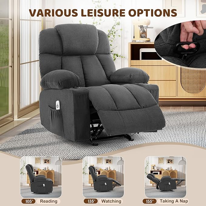 Massage Rocker Recliner Chair Ergonomic Rocking Recliner Sofa with Vibration Massage &amp Heat Reclining Fabric Nursery Chair for Living Room Lounge with 4 Pockets 2 Cup Holders Black