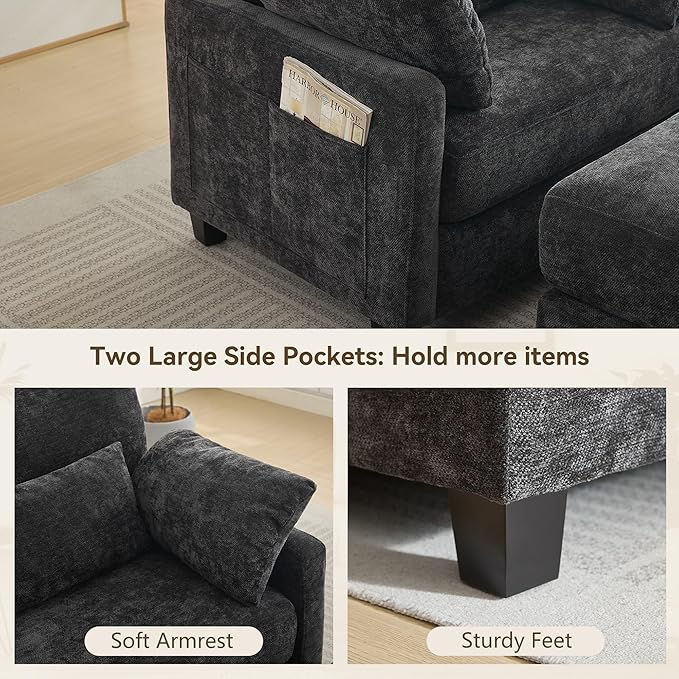 57.5 Oversized Chaise Lounge with Ottoman Indoor Grey Reading Chair with Ottoman &amp Sofa Bed Chenille Upholstered Comfy Sleeper Chair for Living Room Bedroom Office