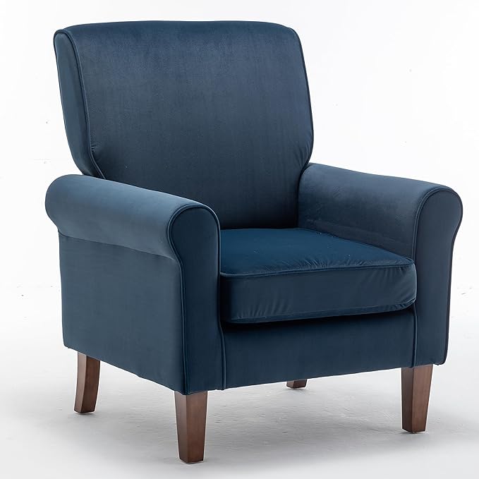Classic Accent Armchair with Birch Wood Frame and Comfortable Rolled Armrests Arm Chairs for Living Room Bedroom and Office Decor Blue