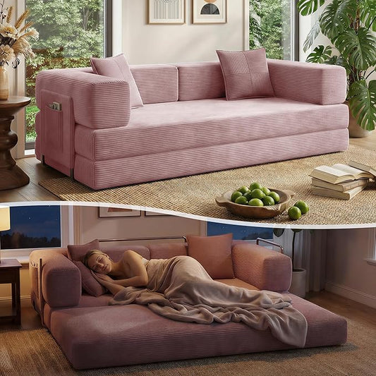 78.8 Convertible Sofa Bed with Armrest Pillow 4-in-1 Sleeper Couch Bed for Livingroom Modular Corduroy Boneless couches No Assembly (Pink)