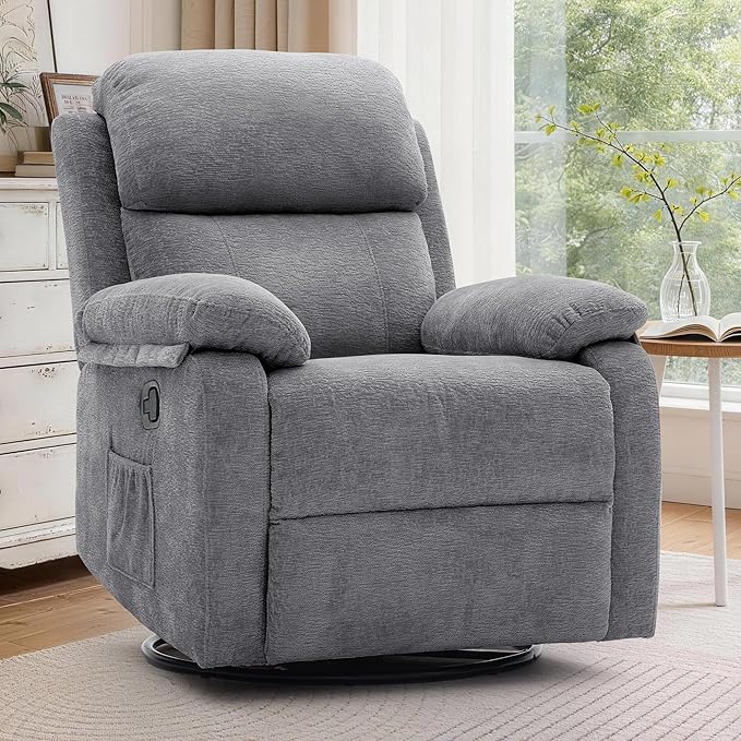 Recliner Chair 360 Swivel Rocker Chair for Adults Small Rocking Recliner Chair for Small Spaces Upholstered Chenille Fabric Glider Recliner Nursery Chair with Side Pockets for Living Room