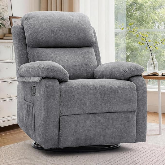 Recliner Chair 360 Swivel Rocker Chair for Adults Small Rocking Recliner Chair for Small Spaces Upholstered Chenille Fabric Glider Recliner Nursery Chair with Side Pockets for Living Room