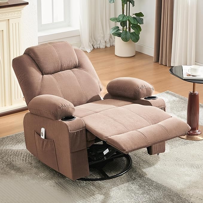 Oversized Swivel Rocker Recliner Chair with Heat and Massage Large Big Recliner Chair for Living Room 360 Degree Swivel Rocking Single Sofa with Cup Holders and USB Port(Fabric Brown)