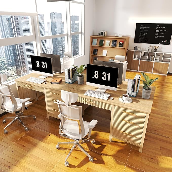 Modern Executive Desk with Drawers: 54 Oak Home Office Desks with File Drawers Wood Fluted Computer Writing Desk for Work Study and Living Room (54)
