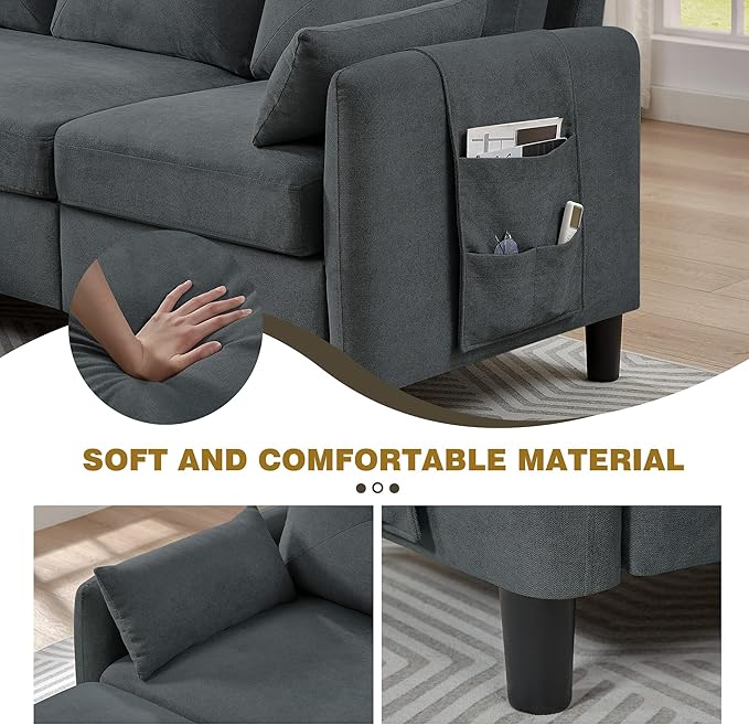 Convertible Sectional Sofa Set 77 Small L Shaped 3 Seat Couch with Reversible Storage Chaise and Loveseat Modern Line Sofa Couches for Living Room Dark Grey