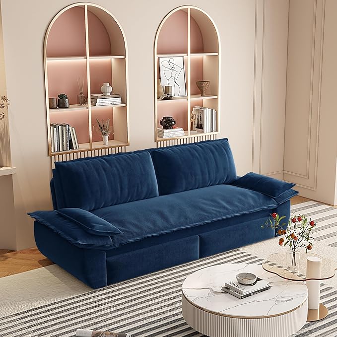 3 in 1 Convertible Queen Sleeper Sofa Bed Comfy Pull Out Futon Couch Bed 73.2 Modern Velvet Recliner Loveseat Sofa Multi-Functional Blue Cloud Couch for Living RoomApartmentOffice (Blue 73.2)