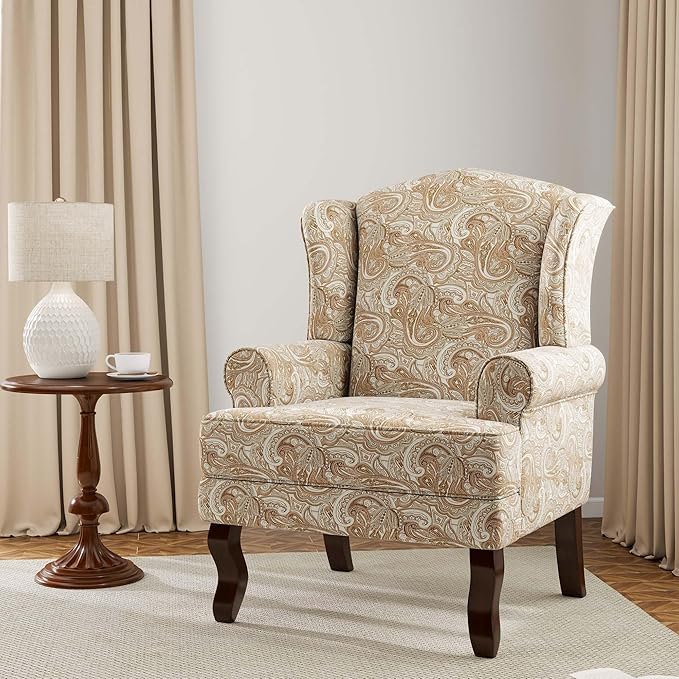Accent Chair High Back Upholstered Armchair with High Resilience Sponge &amp Wood Legs Mid-Century Modern Comfy Single Sofa Reading Chairs for Living Room Bedroom - Paisley Sand Set of 1