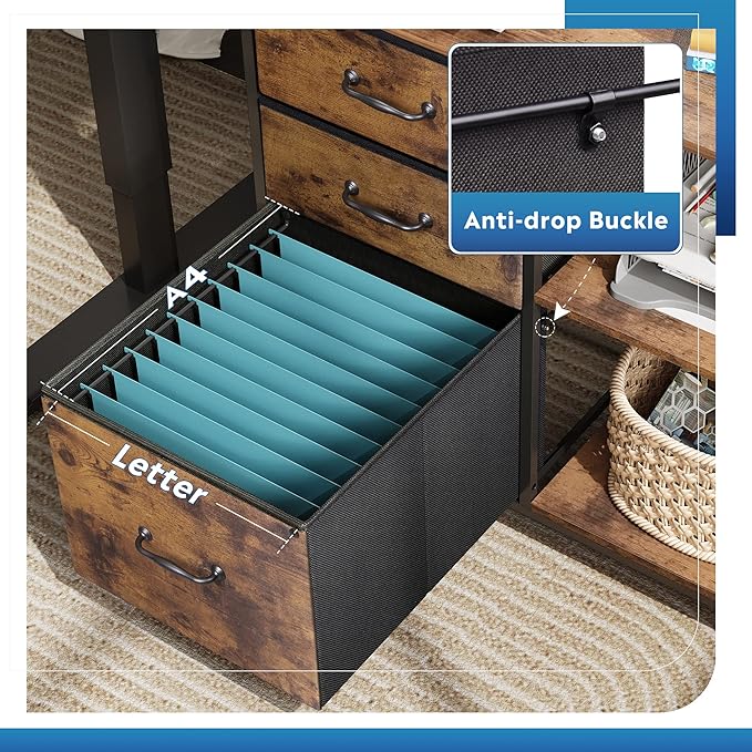 DEVAISE 3 Drawer Mobile File Cabinet Rolling Printer Stand with Open Storage Shelf Fabric Lateral Filing Cabinet fits A4 or Letter Size for Home Office Rustic Brown Wood Grain Print