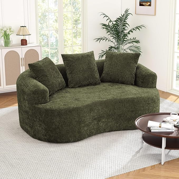 60 Curved Sectional Sofa for Small Spaces - Plush Chenille Modern Cloud Loveseat with Pocket Springs &amp Memory Foam Boneless Floor Couch for Living Room 27.6 Extra Deep Seat No Assembly (Green