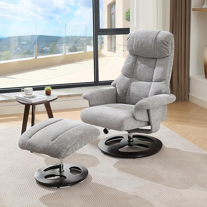 Ergonomic Recliner Chair with Ottoman for Adults 360° Swivel Massage Lounge Chair with 5-Point Vibration &amp Heated Seat140° Adjustable Chenille Recliner for Living Room Office (Grey+Chenille)