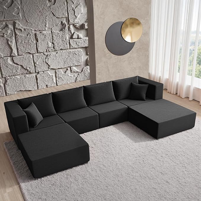 YINIX 140 Modular Sectional Sofa Couches Corduroy Sleeper Deep Seat Sofa Bed Comfy Cloud Couch for Living Room Floor Sofa 6 Piece Free Combination Compression No Assembly Required Obsidian