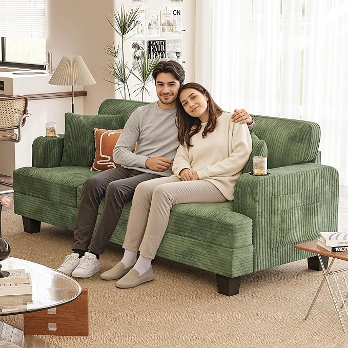 YESHOMY Couches for Living Room Comfy Corduroy Cloud Couch 3 Seater Sofa with Deep Seat Modern Couch with 2 Pillows and 2 Cup Holders for Apartment (Green) | Deep Seat Cloud Cousion Soft Pillows