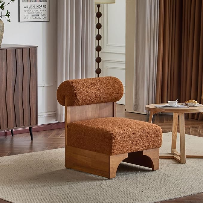 Christopher Knight Home Devon Modern Minimalist Boucle Fabric Upholstered Accent ChairWooden Lounge Chair with Rolled Backrest+Soft Padded SeatComfy Reading ChairLiving Room/BedroomBrownish Orange