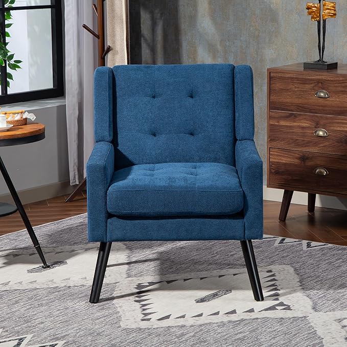 Mid-Century Modern Accent Chair Plush Linen Fabric with Button Tufted High Back &amp 5 Thick Cushion High Comfort Reading Chair for Living Room Bedroom Office (Blue)
