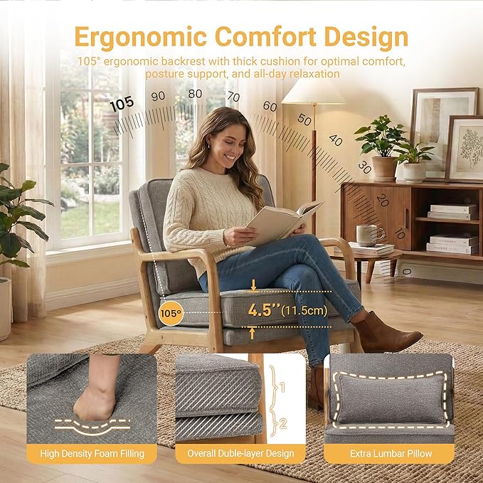 Modern Accent Chair Mid Century Wooden Upholstered Armchair with Lumbar Pillow &amp Removable Soft Cushion Reading Chair for Living Room Bedroom BalconyCoffee(Beige/Blue/Green/Grey)