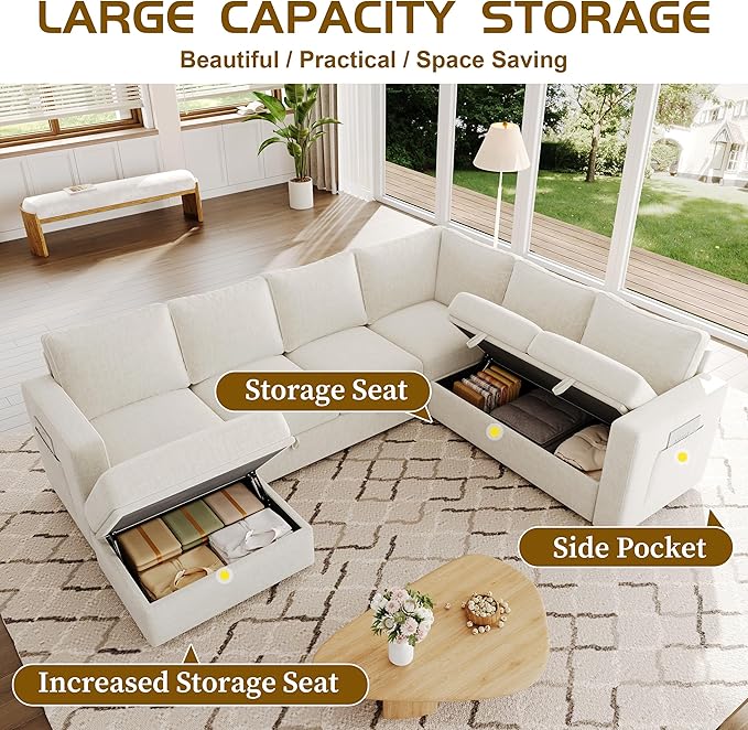 106.7 Sectional Sleeper Sofa with Pull Out Couch Modern 7 Seat U Shaped Modular Couch Sectionals Modular Sofa with Storage Comfy Sectional Couches for Living Room &amp Apartment Light Beige