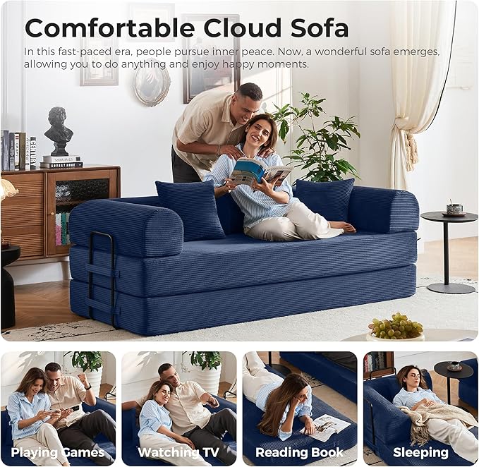 79'' Convertible Sofa Bed 5-in-1 Folding Corduroy Sleeper Couch with Pull Out Bed Oversized Modular Floor Sofa No Assembly Space-Saving Guest Bed for Apartment Living Room Bedroom (Blue) | Convert