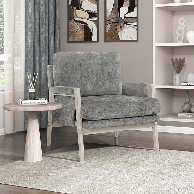 Lexicon Living Room Accent Chair with Wire-Brushed Light Brownish-Gray Wood Frame Chenille Upholstered Arm Chair with Wrapped Arm Rest Thick Seat Cushion Brownish Gray