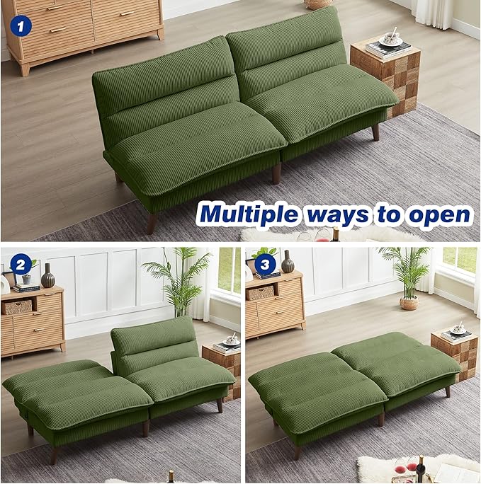 72 Futon Sofa Bed Convertible Futon Couch with Adjustable Backrest Modern Corduroy Sleeper Sofa for Small Spaces Living Room Office Green