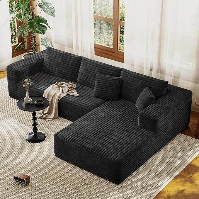 107 Modular Sectional Couches for Living Room Comfy L-Shaped Boneless Cloud Couch with Chaise Modern Deep Seat Corduroy Floor Sofa No Assembly Required (Right Facing Chaise Black) | High-density