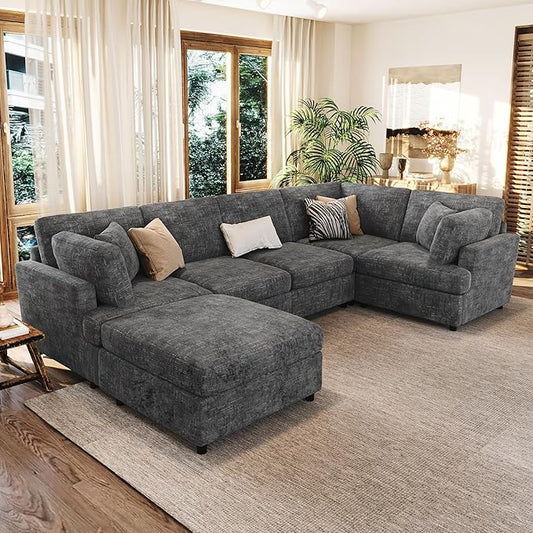 LUMISOL Sectional Couch for Living Room Large U-Shaped Furniture Upholstered Sofa with Removable Ottoman 6 Seat Chenille Fabric Sofa Set for Large Space Gray