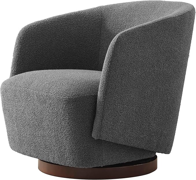Boucle Swivel Accent Chair No Assembly Upholstered Armchair with Rubberwood Base 360° Rotating Barrel Chair for Living Room Bedroom Apartment &amp Reading Nook (1 Grey)