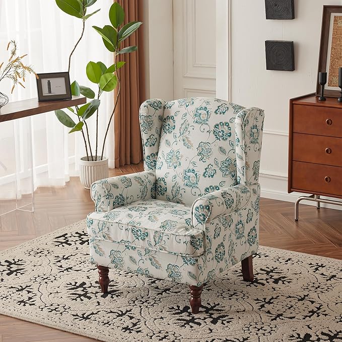 MELLCOM Floral Accent Chair High Back Upholstered Armchair with Solid Legs Leisure Single Sofa Chair for Living Room Bedroom Home Office Light Cyan Floral