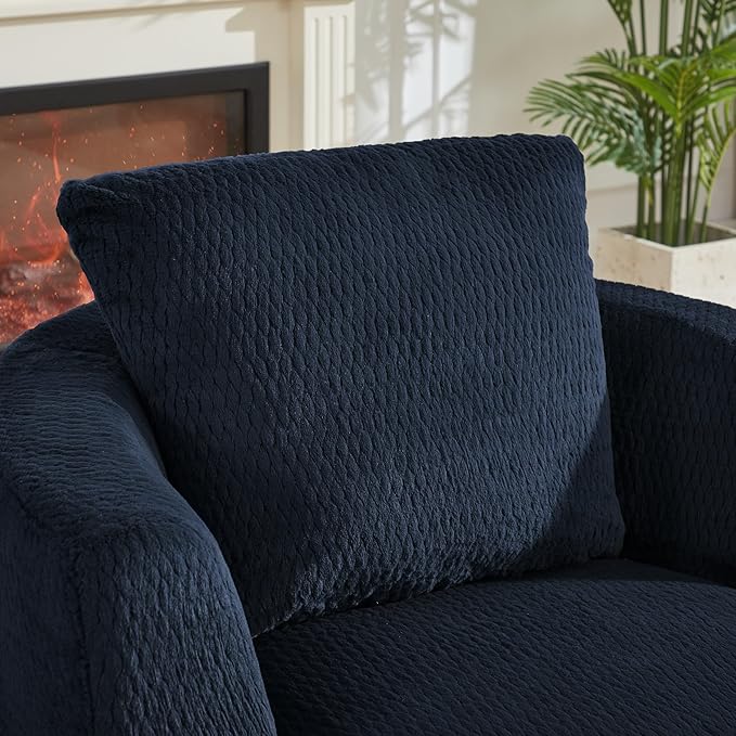 39.4″Wide Round Swivel Accent Barrel Chair Set of 2 Indoor Faux Fur Modern Comfort Upholstered Sponge Sofa Chair for Living Room BedroomOfficeClub (2 Dark Blue)
