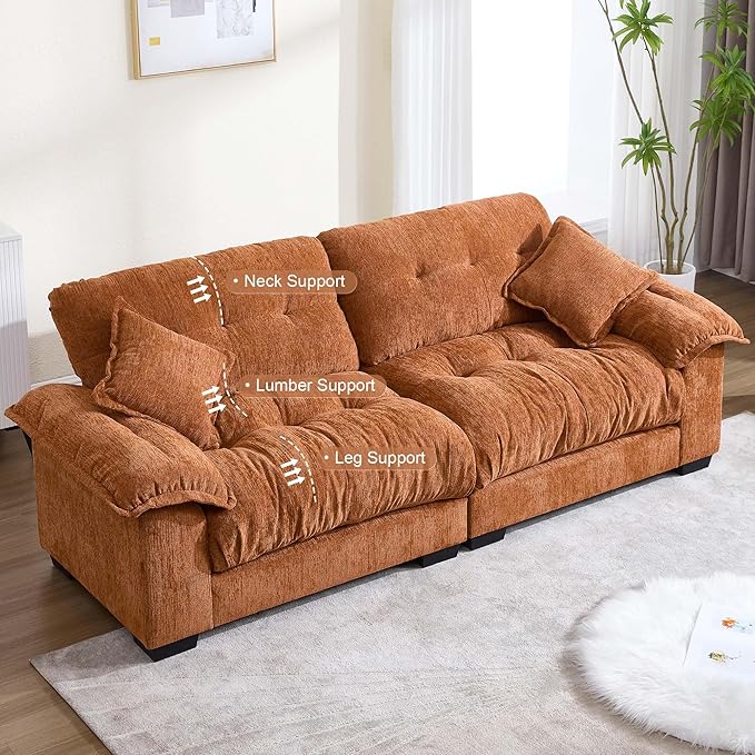 90.55 Oversized Loveseat Couch for Bedroom Cloud Couch Small Couches for Small Spaces 2 Seater Deep Loveseat Burnt Orange Modern Sleeper Sofa Orange