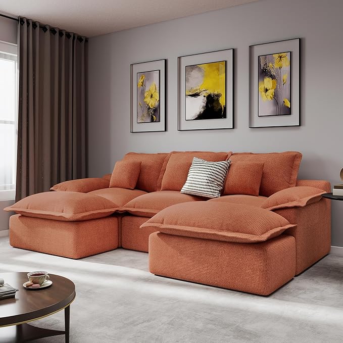 Modular Sectional Sofa 107'' Boneless Couches for Living Room 5-Seat Sofa with 2 Ottomans Cloud U Shaped Couch No Assembly Required Chenille Mahogany