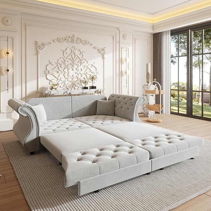 83.8'' Sleeper Sofa Bed Queen Convertible Pull Out Couch Chesterfield Futon Sofa Bed with Flower-Tuffed Back Velvet Daybed 2 Pillows Loveseat Couches for Living Room Bedroom Light Gray