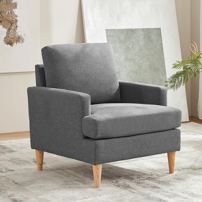 VKNOW Mid-Century Accent Chair No Tools Assembly Required Modern Upholstered Polyester Armchair for Living RoomComfy Reading Accent Chairs with Wood Legs for Bedroom Dark Grey