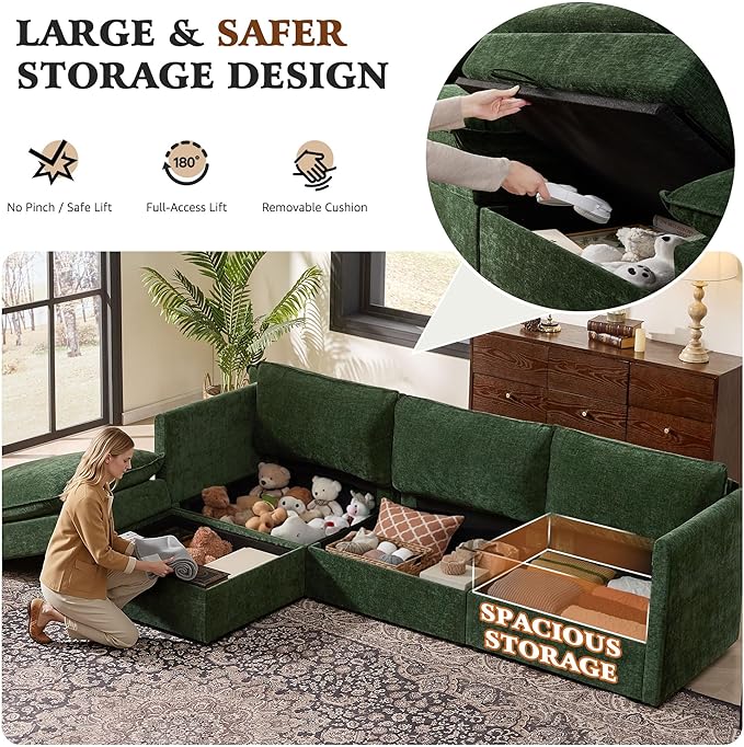 Ihanherry 103 Modular Sectional Sofa with Storage L Shaped Cloud Couch with Movable Ottomans &amp 4 Pillows Chenille Deep Seat Sectional Couches for Living Room Apartment (Green)