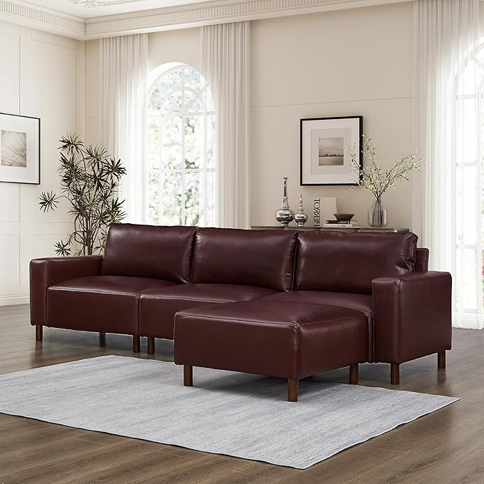 KEIKI PU Leather Sectional Couch Sofa Set Luxury 4 Seater Modular Sleeper Couches with Ottoman Corner Comfy Convertible L-Shaped Sofabed for Office Living Room Lounging Easy Assembly Burgundy
