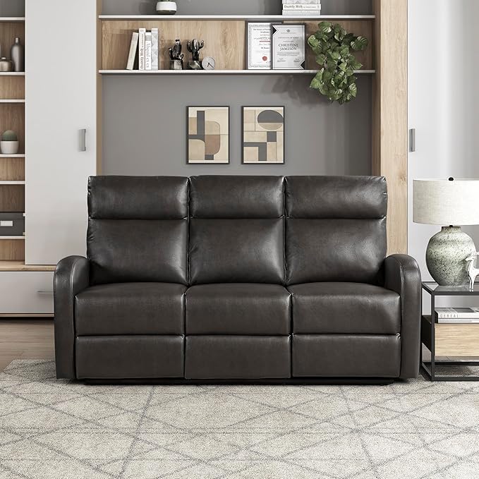 Lexicon Manual Reclining Sofa Faux Leather Recliner Sofa Wall Hugger Track Arms Magazine Pockets Manual Dual Recliners Couch for Living Room/Office/Apartment Easy Assembly Espresso