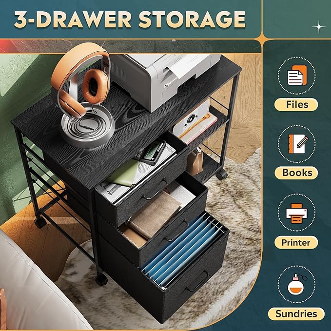 DEVAISE 3 Drawer Mobile File Cabinet Rolling Printer Stand with Open Storage Shelf Fabric Lateral Filing Cabinet fits A4 or Letter Size for Home Office Black