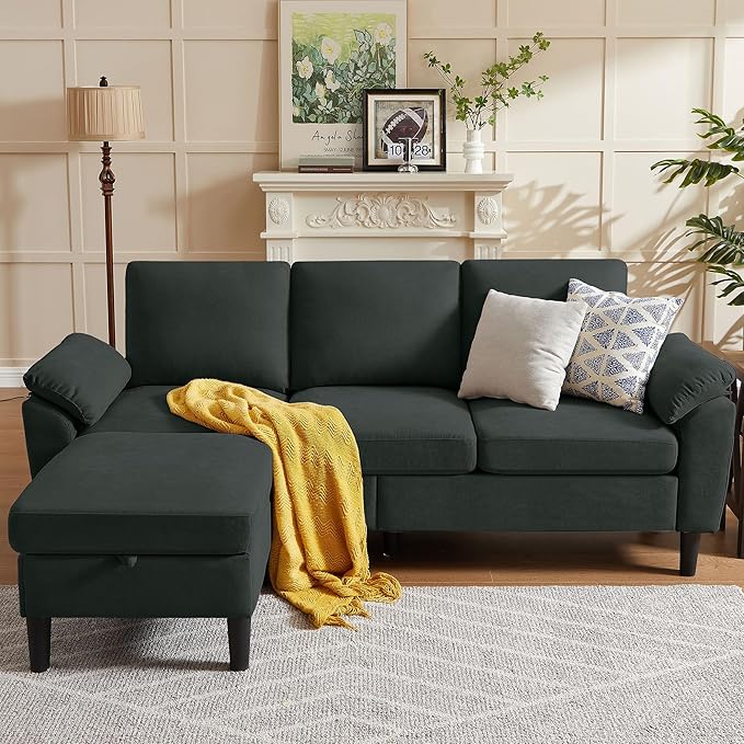 79 Convertible Sectional Sofa Modern Linen Small L Shaped Couch with Reversible Chaise and Storage Ottoman 3-Seat Sofa Couches for Living Room Office Apartment Black