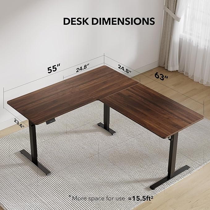 FEZIBO 63 x 55L Shaped Standing Desk Adjustable Height 63 Inch Electric Stand up Corner Computer Desk Sit Stand Home Office Desk with Splice Board Black Frame/Black Walnut Top