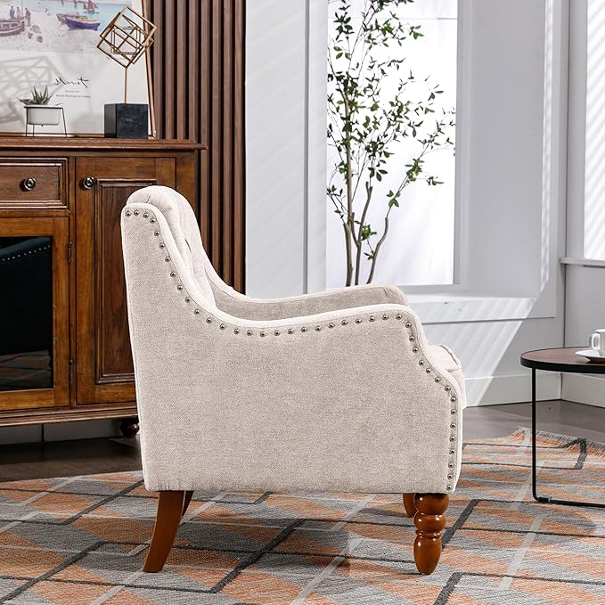 Beige Accent Chair Living Room Chair Footrest Chair Set with Vintage Brass Studs Button Tufted Upholstered Armchair for Living Room Comfy Reading Chair for Bedroom Reception Room
